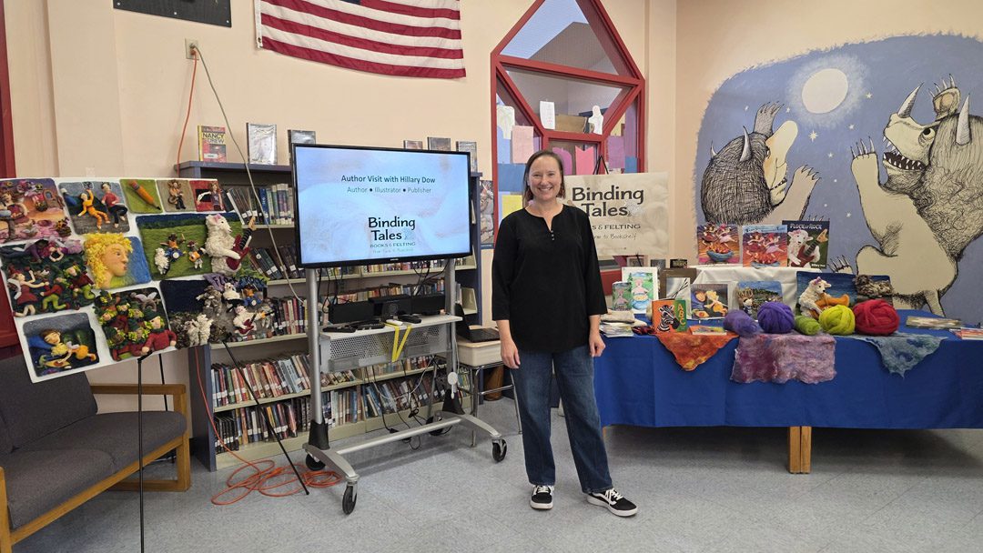 Maine Author illustrator visit with Hillary Dow, fiber artist showcase display