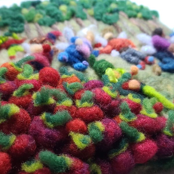 Strawberry Festival berry mound in an original needle felted illustration by Maine fiber artist Hillary Dow