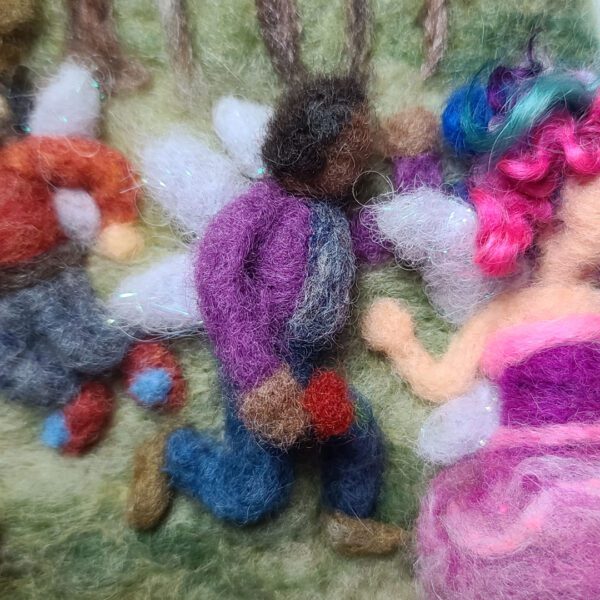 Strawberry Festival Fairies in an original needle felted illustration by Maine fiber artist Hillary Dow