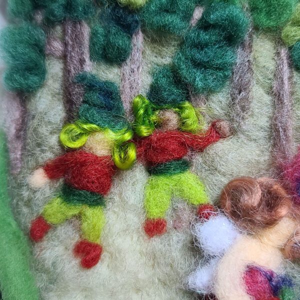 Strawberry Festival Fairies in an original needle felted illustration by Maine fiber artist Hillary Dow