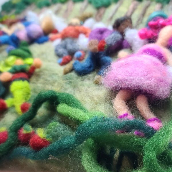 Strawberry Festival vines in an original needle felted illustration by Maine fiber artist Hillary Dow