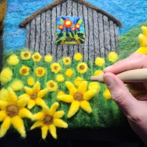 Needle felting lesson: sunflower field, master tip, adjusting your process to leave a spot for your hand to rest 2